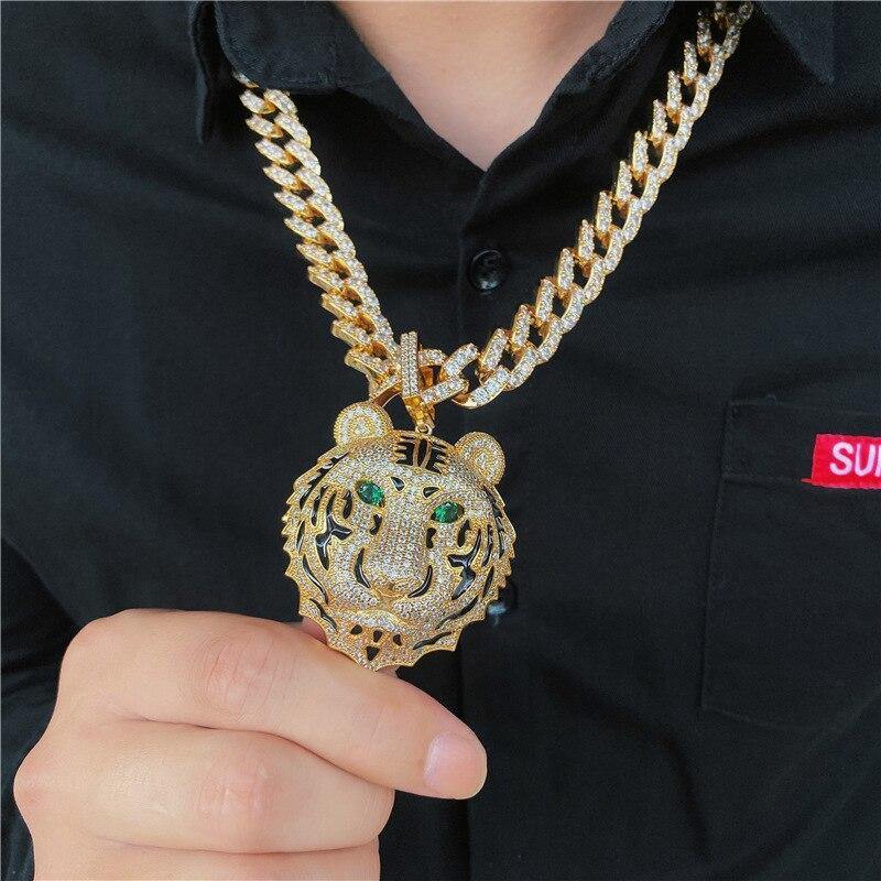 Men's Large Tiger Head Pendant Iced Out Necklace - AM APPAREL