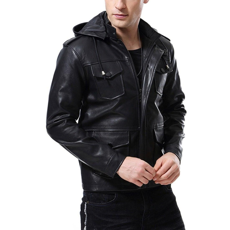 Men's Motorcycle Hooded Faux Leather Jacket - AM APPAREL