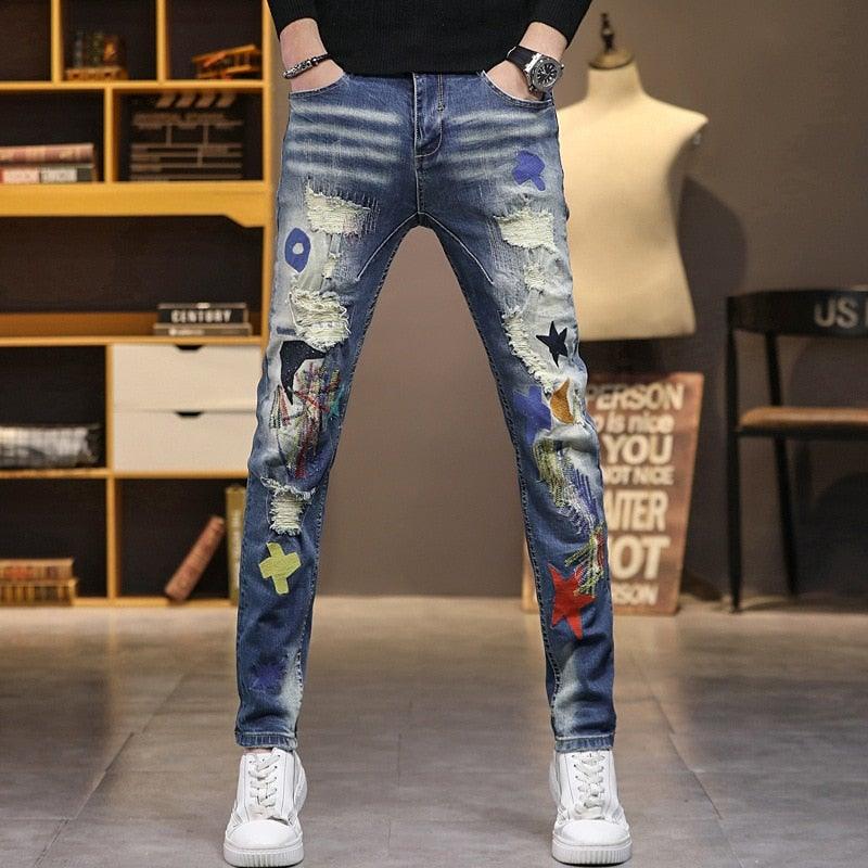 Men's Patchwork Korean Style Jeans - AM APPAREL