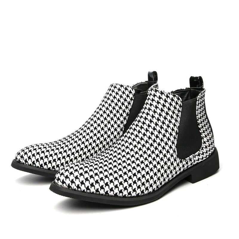 Men's Plaid Faux Leather Chelsea Boots - AM APPAREL