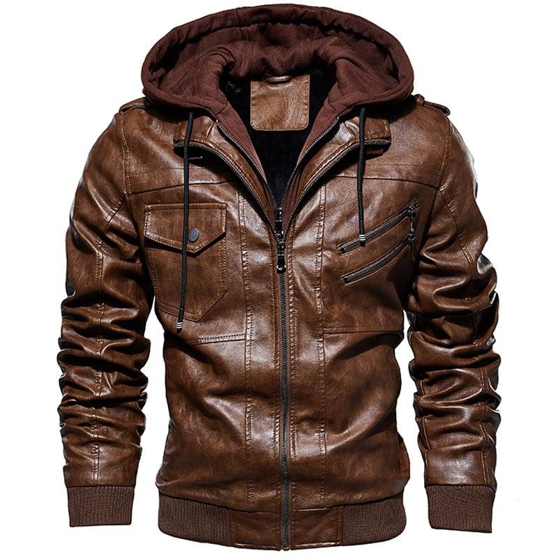 Men's PU Faux Leather Hooded Winter Jacket - AM APPAREL