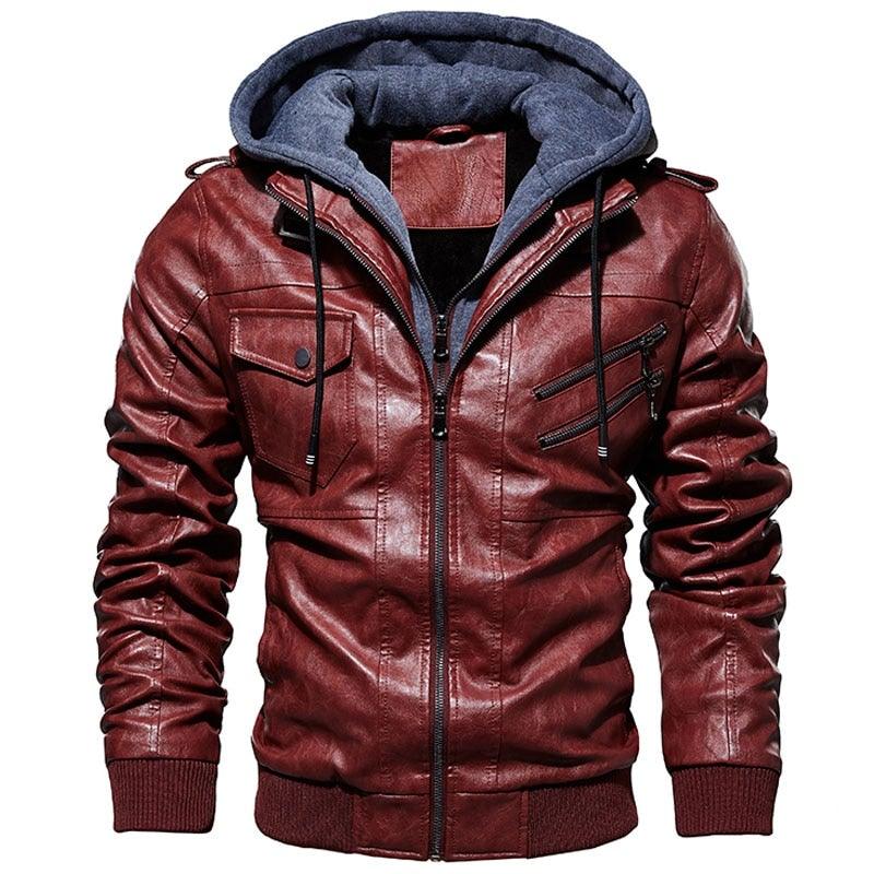 Men's PU Faux Leather Hooded Winter Jacket - AM APPAREL