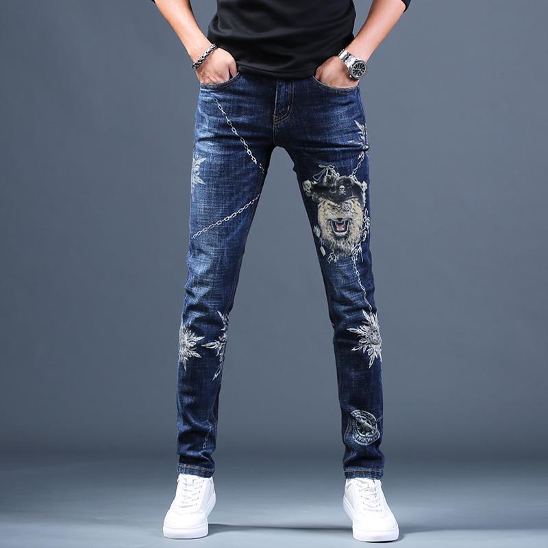 Men's Ripped Stretch Jeans W/ Embroidery Designs - AM APPAREL