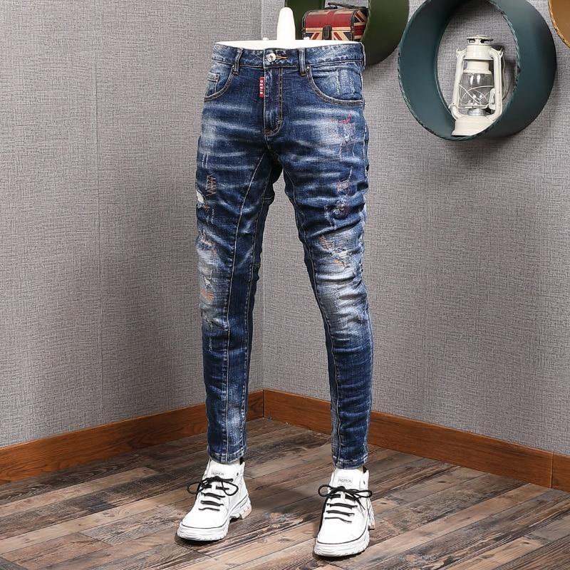 Men's Slim Fit Elastic Distressed Denim Jeans - AM APPAREL