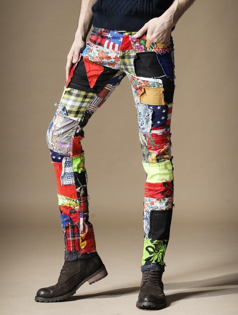 Men's Slim Patchwork Punk Style Designer Pants - AM APPAREL