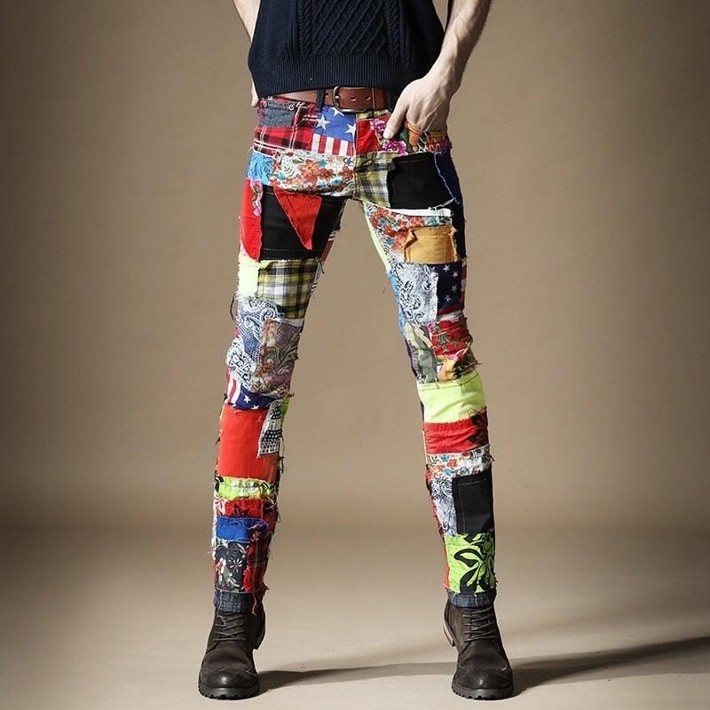 Men's Slim Patchwork Punk Style Designer Pants - AM APPAREL