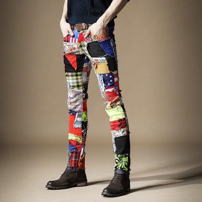 Men's Slim Patchwork Punk Style Designer Pants - AM APPAREL