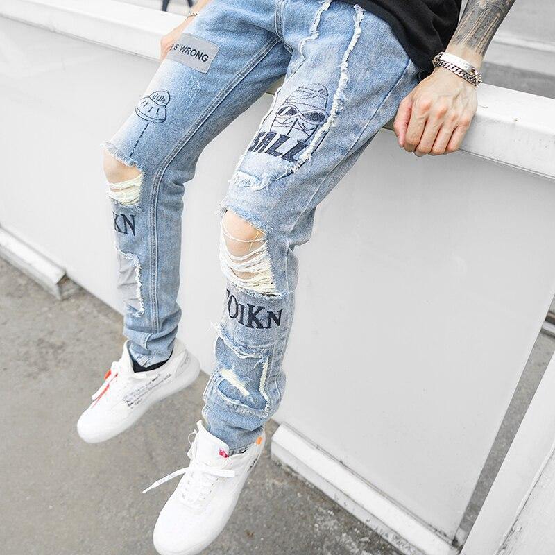 Men's Streetwear Letter Print Patchwork distressed Jeans - AM APPAREL