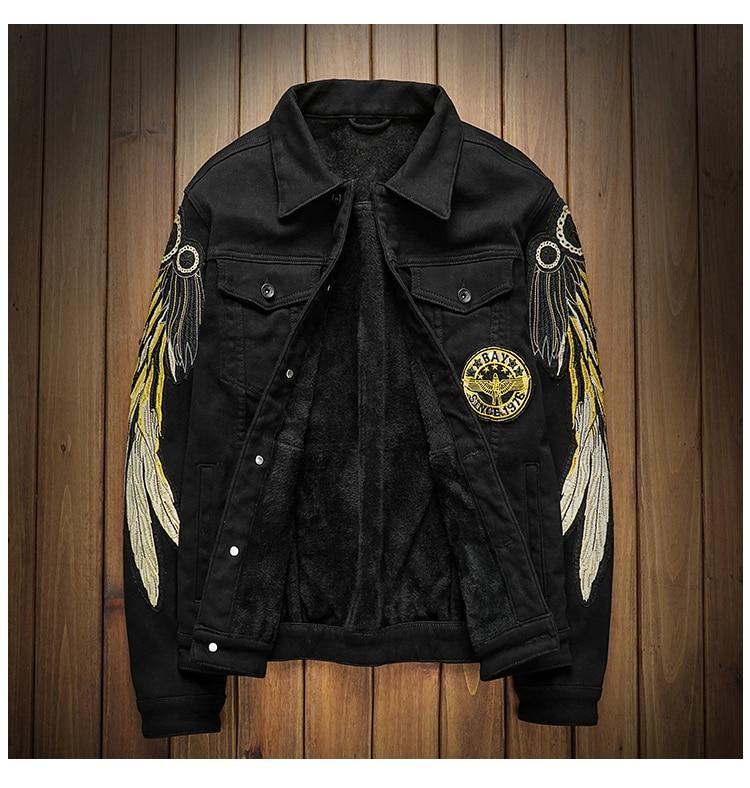 Men's Trendy Wings Embroidery Fleece Jean Jacket - AM APPAREL