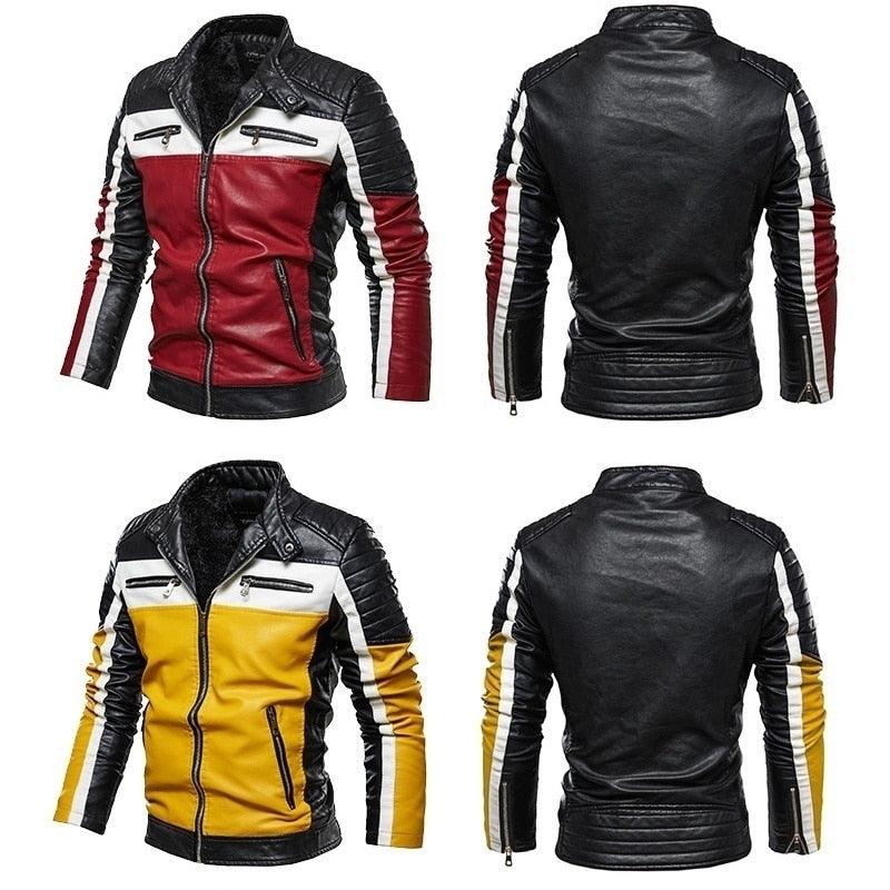Men's Tri Color Patchwork Faux Leather Jacket - AM APPAREL