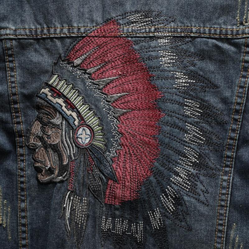 Men's Washed Embroidered Denim Jacket - AM APPAREL