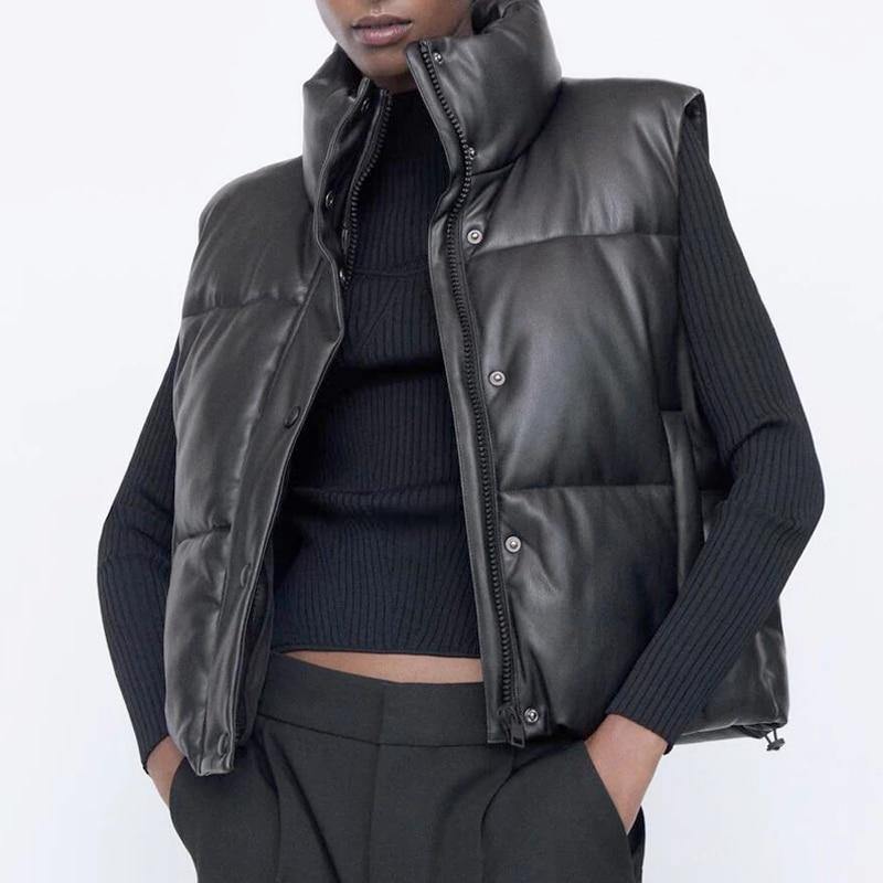 Women's Black Warm Faux Leather Vest - AM APPAREL