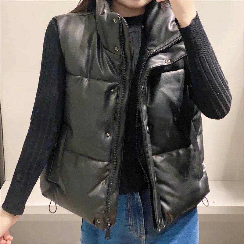 Women's Black Warm Faux Leather Vest - AM APPAREL