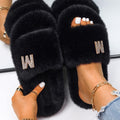 Women's Fluffy Faux Fur Slipers W/ Rhinestone Letter M - AM APPAREL