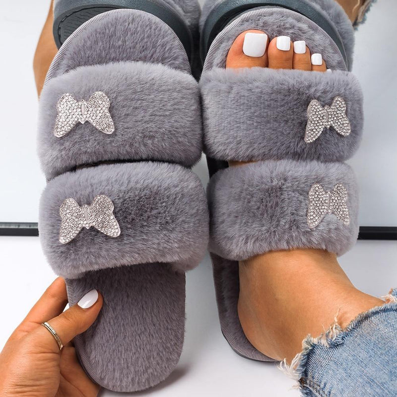 Women's Furr Slippers W/ Rhinestone Butterfly Detail - AM APPAREL