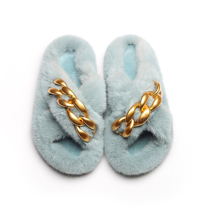 Women's Furry Cross Chain Slippers - AM APPAREL