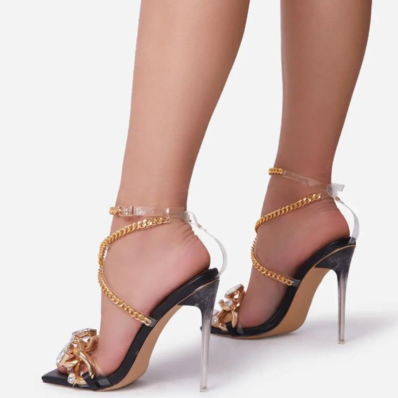 Women's Open Toe Party High Heels W/ Chain Details - AM APPAREL