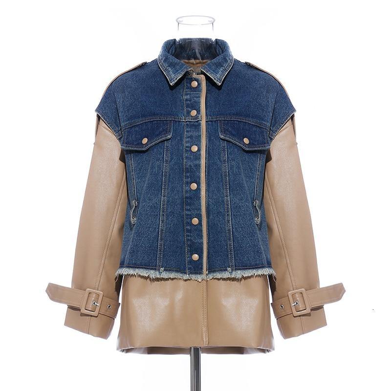 Women's Patchwork Faux Leather & Denim Coat - AM APPAREL